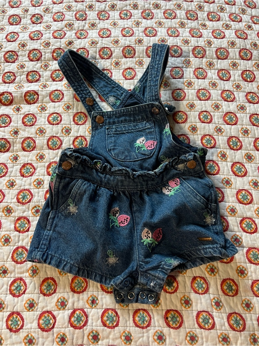 Tahari Baby Strawberry Embroidered Denim  Jean Overalls size 12 months